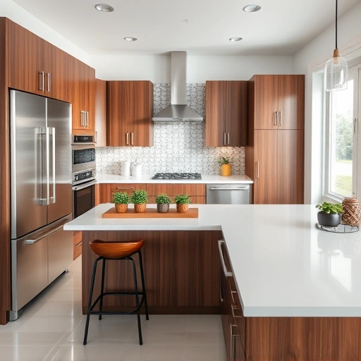 New kitchen installation in Apex NC featuring walnut cabinetry, quartz countertops, stainless steel appliances, and elegant decor.