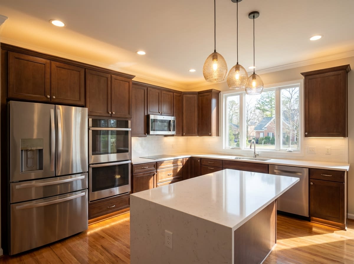 Full kitchen appliance and lighting upgrade with new recessed and pendant fixtures