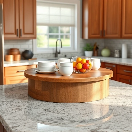 Completed Lazy Susan installation in a stylish Triangle-area kitchen, featuring polished wood, granite, and elegant decor.