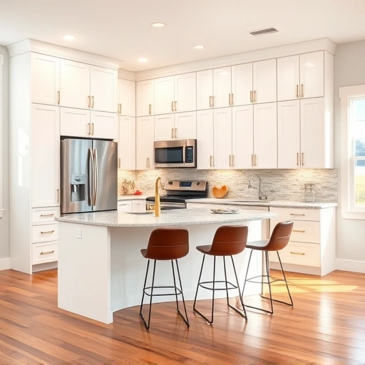 New kitchen installation in Archer Lodge NC featuring sleek white cabinetry, brass hardware, granite countertops, and stainless appliances.