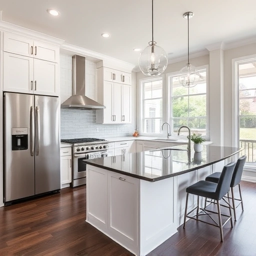 Spacious modern kitchen in Apex NC with white cabinetry, quartz countertops, gray subway tile backsplash, and dark hardwood floors.