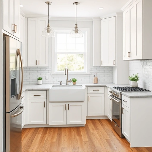 Modern kitchen installation in Dunn NC features white cabinetry, quartz countertop, farmhouse sink, and stainless steel appliances.