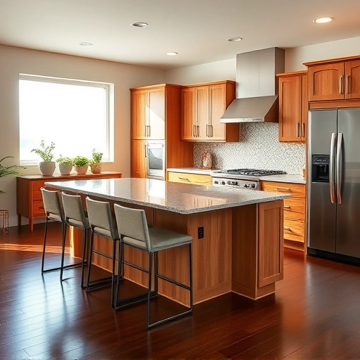 Modern kitchen redesign in the Triangle area with sleek cabinetry, granite island, stainless steel appliances, and warm wood tones.