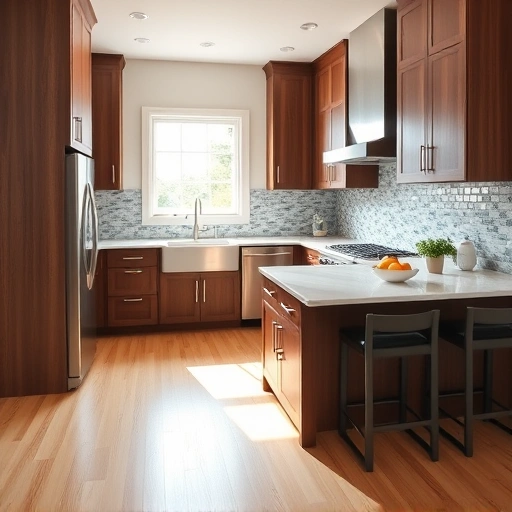 New kitchen installation in Wilson's Mills NC with walnut cabinetry, quartz countertops, and elegant glass tile backsplash.