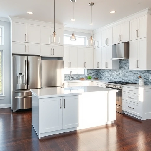 Modern kitchen in Apex NC with white cabinetry, quartz countertops, glass tile backsplash, and dark hardwood flooring.