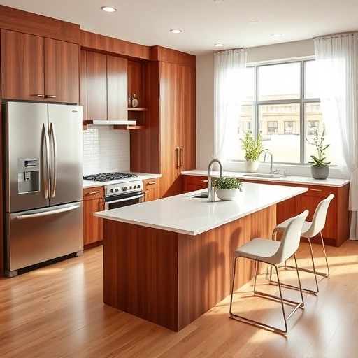 Modern kitchen installation in Kenly NC with walnut cabinetry, quartz countertops, stainless steel appliances, and natural light.