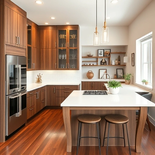 Modern kitchen installation in Louisburg NC with walnut cabinetry, white quartz countertops, and state-of-the-art appliances.