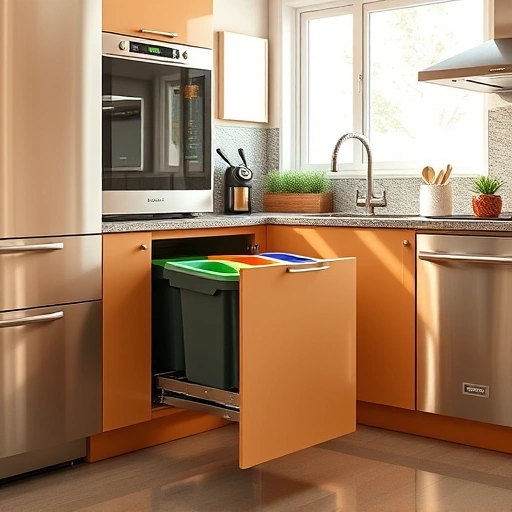 Trash pull-out cabinet installation in modern kitchen with organized bins, granite countertops, and stainless steel appliances.