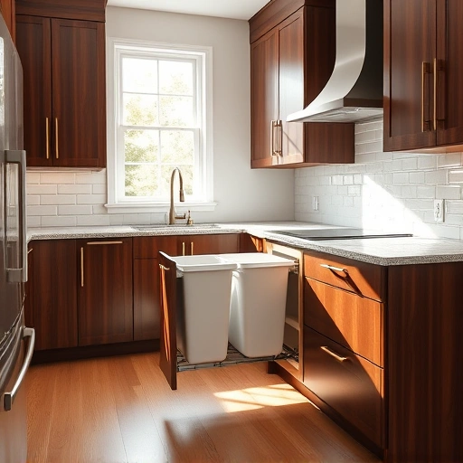 Completed trash pull-out cabinet installation in modern kitchen featuring dual compartments, granite countertops, and hardwood floor.