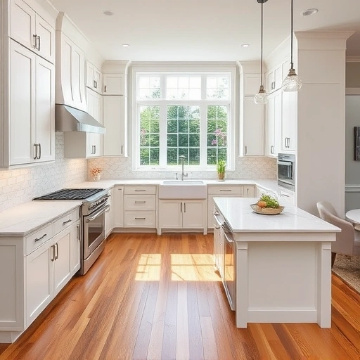 Modern kitchen remodel in Apex NC featuring white shaker cabinets, quartz countertops, herringbone backsplash, and farmhouse sink.
