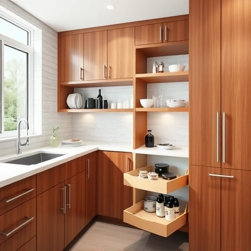 Pull-out shelf installation in a modern Triangle-area kitchen with elegant cabinetry and organized kitchen items.