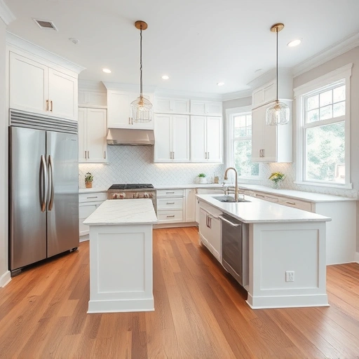 Modern kitchen remodel in Apex NC with white cabinets, quartz countertops, herringbone backsplash, large island, and natural light.
