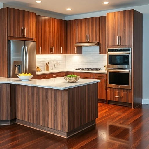 Modern kitchen installation in Willow Spring NC with walnut cabinetry, quartz countertops, and stainless steel appliances.