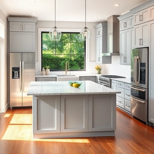 Completed kitchen island installation in the Triangle area featuring polished granite, stainless steel appliances, and elegant lighting.