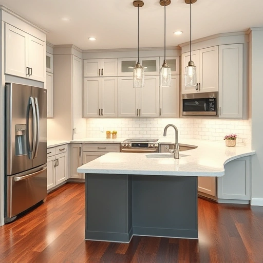 Modern kitchen layout redesign in the Triangle area featuring high-end appliances, custom cabinetry, quartz countertops, and stylish island.