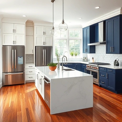 Spacious remodeled kitchen with white and navy cabinetry, quartz countertops, stainless steel appliances and large windows.