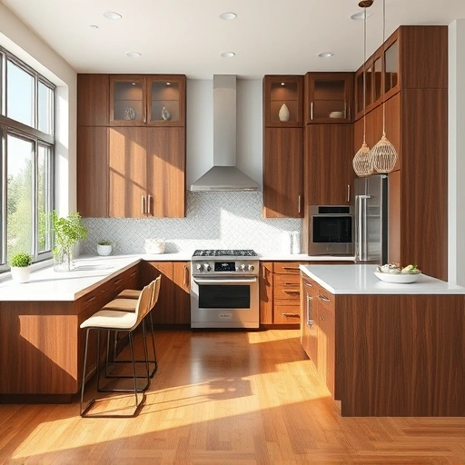 Modern kitchen installation in Zebulon NC featuring walnut cabinetry, white quartz countertops, and stainless steel appliances.