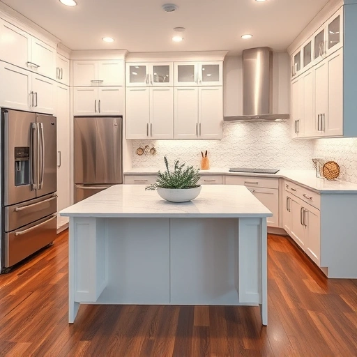 Modern kitchen installation in Princeton NC featuring white cabinetry, quartz countertops, stainless steel appliances, and hardwood floors.