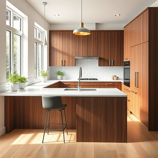 Modern kitchen in Wilson's Mills NC with walnut cabinetry, white quartz counters, and elegant decor elements.
