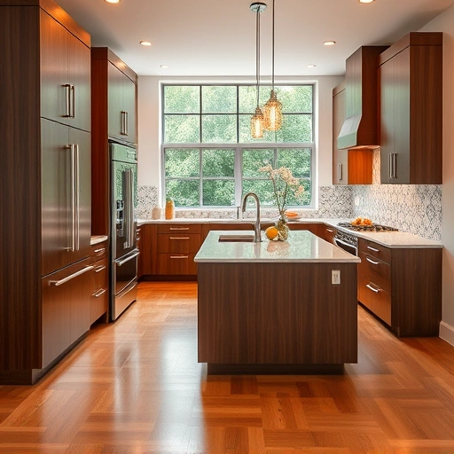 Modern kitchen in Carrboro NC with walnut cabinetry, quartz countertops, stainless steel appliances, and ceramic tile backsplash.