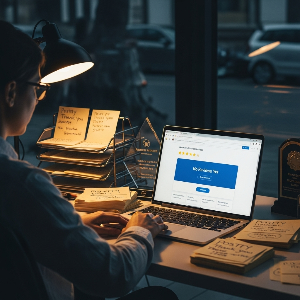 Business owner analyzing competitor reviews and online reputation