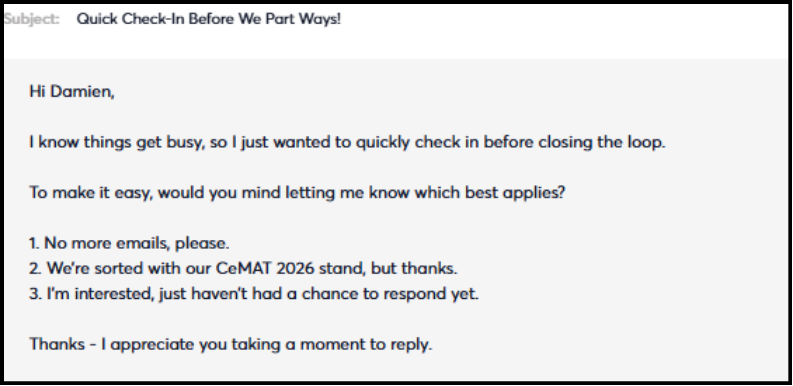 Email marketing newsletter campaign — subject line and messaging preview for the first touch.