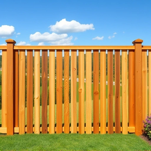 Wooden fence in Knoxville TN, freshly stained, surrounded by lush greenery and a clear blue sky with white clouds.