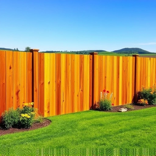 Wooden fence installation in Tazewell TN surrounded by vibrant garden and scenic hills under a clear blue sky.