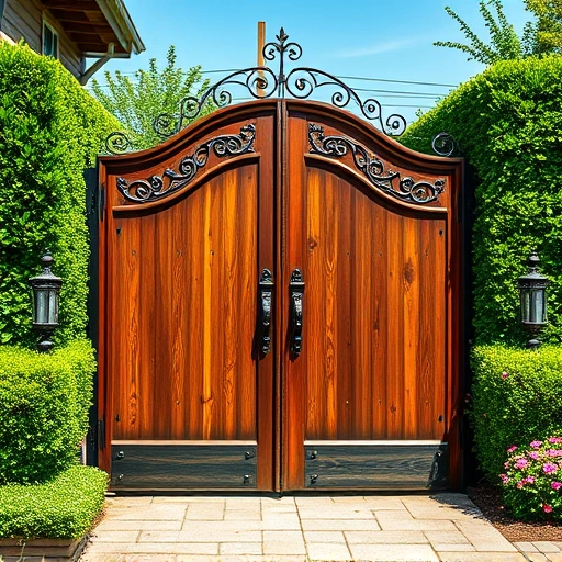 Beautifully restored wooden gate in Knoxville TN surrounded by lush garden and vibrant flowers under clear blue sky.