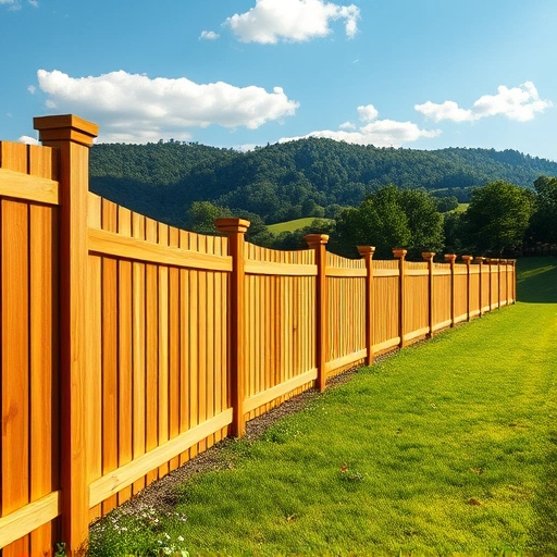 Beautiful wooden fence in Mascot TN curves along a manicured lawn under soft sunlight and clear blue skies.