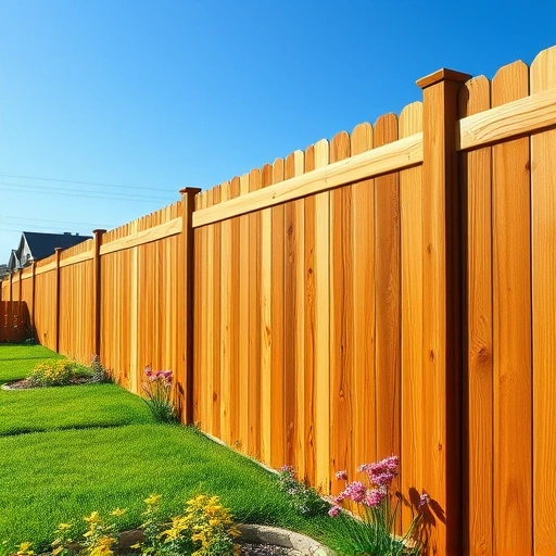 Completed wooden fence in Oak Ridge TN with oak tones, lush grass, flowers, and clear blue sky backdrop.