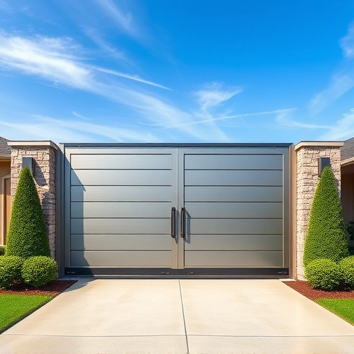Sliding gate installation in Knoxville TN showcases sleek metal design amid lush landscaping and clear blue sky.