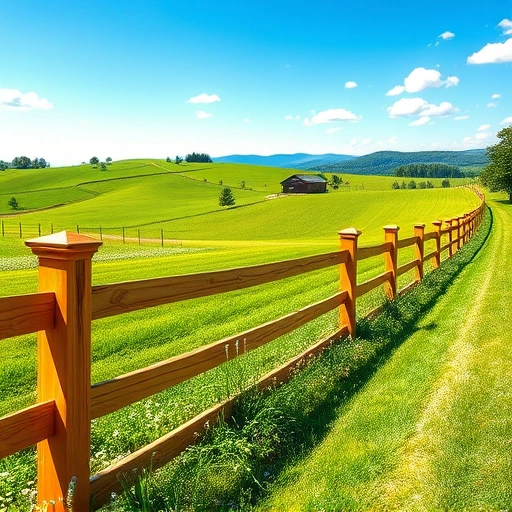 New cedar fence in Knoxville TN, set in lush fields under a blue sky, with trees and distant mountains.