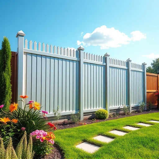 Completed aluminum fence installation in Knoxville TN with vibrant landscaping and clear blue sky backdrop.