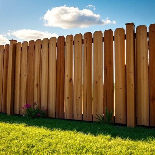 Completed wood fence installation in Clinton TN with lush lawn, vibrant flowers, and clear blue sky background.