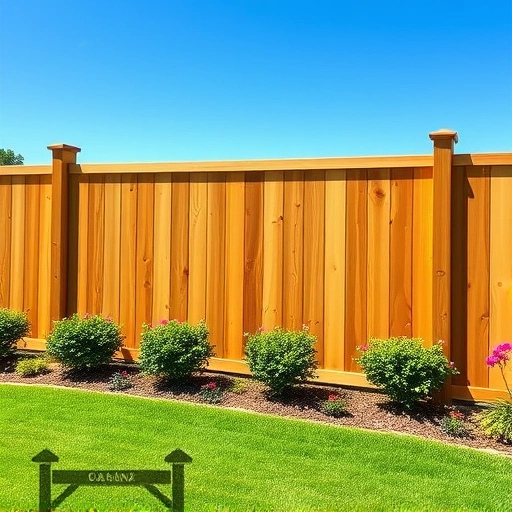 Completed wooden fence installation in Concord TN with lush lawn, bushes, flowers, and rolling hills under blue sky.