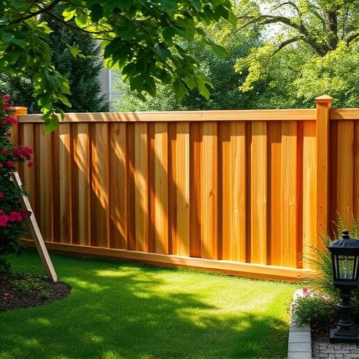 Handcrafted wooden fence in Newport TN surrounded by lush lawn, flowers, and trees, showcasing quality craftsmanship.