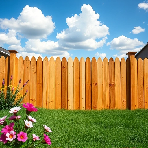 Beautiful wooden fence in Oak Ridge TN, framed by lush grass and vibrant flowers under a clear blue sky.