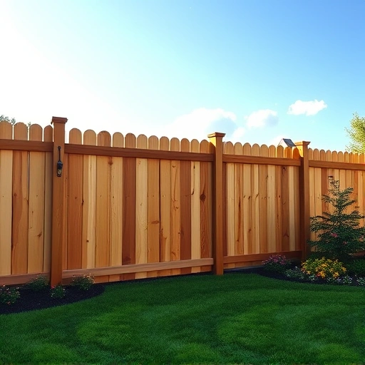 Wood fence installation in La Follette TN, showcasing craftsmanship with polished surfaces, lush yard, and blue sky.