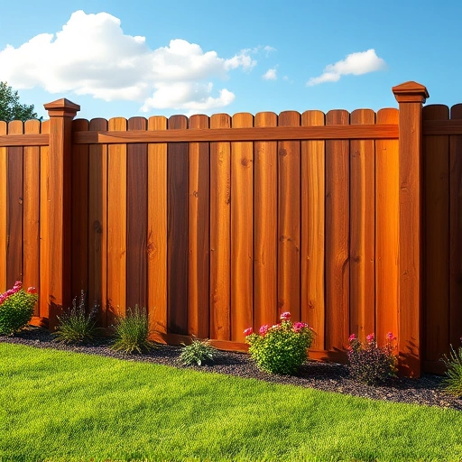 Completed wood fence repair in Knoxville TN with dark wood, smooth planks, vibrant lawn, and clear blue sky.
