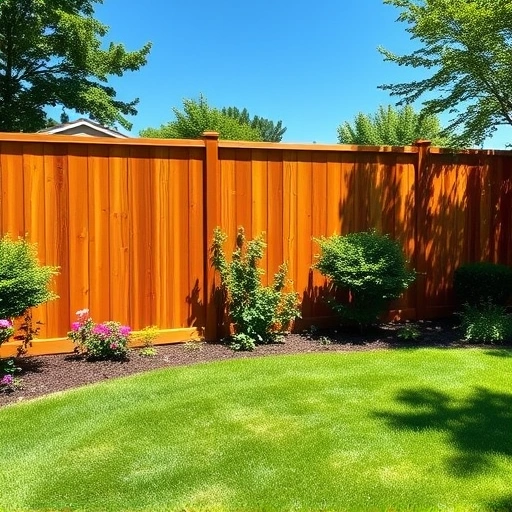 Completed wood fence in Morristown TN, framed by vibrant flowers and a lush backyard under a clear blue sky.
