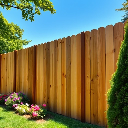 Beautiful wooden fence installation in Oak Ridge TN, surrounded by vibrant flowers and lush greenery under a clear sky