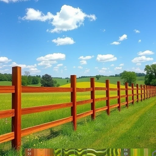 Wooden fence outside Knoxville TN, lush green pasture, wildflowers, blue sky, and rolling hills create a peaceful scene.