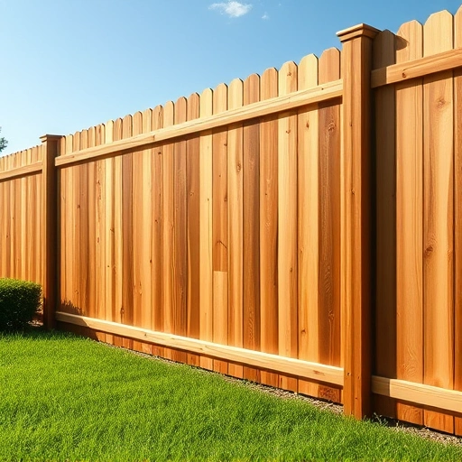 Completed cedar fence installation in Knoxville TN with detailed wood grain and a lush green lawn under clear blue sky