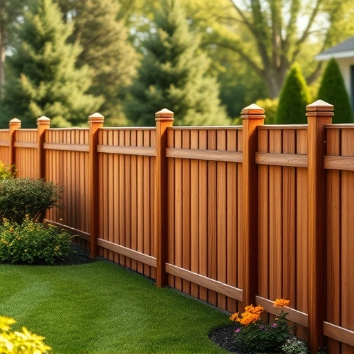 Completed wood fence installation in Concord TN showcasing craftsmanship with rich wood, lush yard, and vibrant flowers.