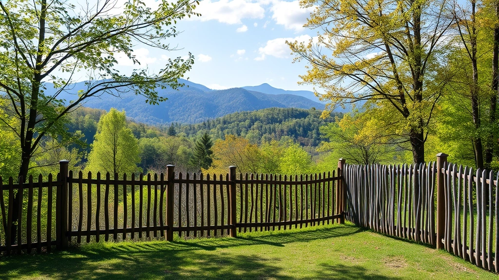 Fencing in Gatlinburg TN with mountainous backdrop and trees in the foreground.