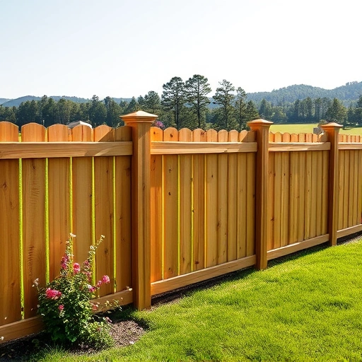 Beautiful wooden fence in Tellico Village TN, surrounded by lush lawn, blooming flowers, and serene hills.