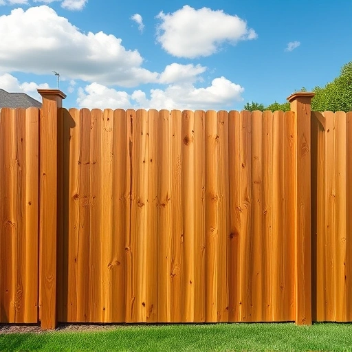 Beautifully crafted wooden fence installation in Blaine TN, surrounding a lush yard with colorful flower beds and blue sky.