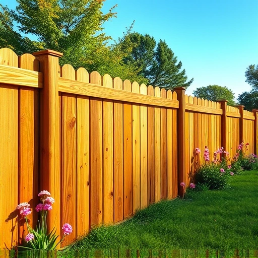 Beautiful wooden fence in Lenoir City TN surrounded by vibrant flowers and lush grass under clear blue sky.