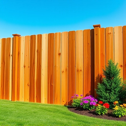 Wood fence installation in Seymour TN with natural finish, lush lawn, vibrant flowers, and clear blue sky.